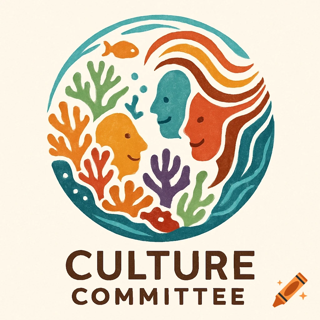 Colorful, textured logo for 'CULTURE COMMITTEE' featuring three abstract faces, coral, and a fish within a circular design.