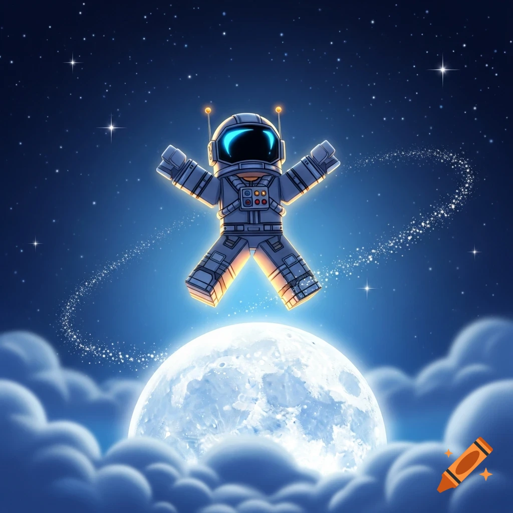 A cartoon astronaut character, styled like a Roblox figure, jumps above a large, glowing full moon surrounded by clouds and stars in a blue night sky.