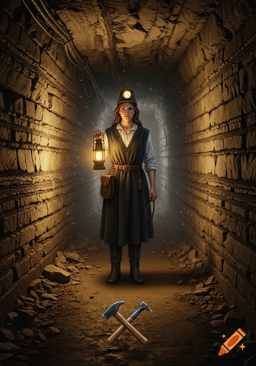 A woman with a lantern stands in a stone mining tunnel, with crossed mining tools on the ground. Realistic illustration.