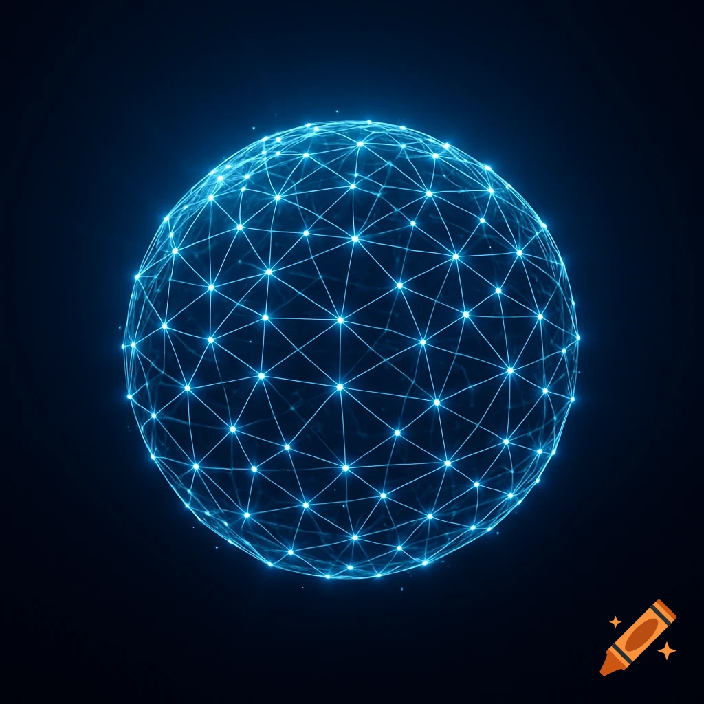 A luminous blue network globe with interconnected points and lines on a dark background, representing digital technology.