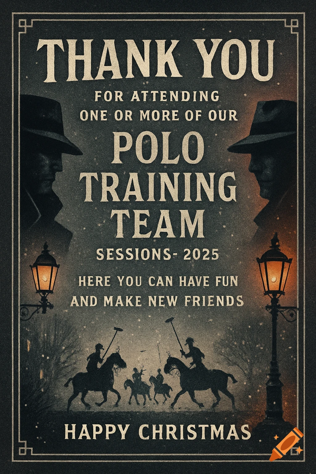 A vintage-style thank you card for a polo team, featuring silhouetted men, street lamps, and polo players in the snow.