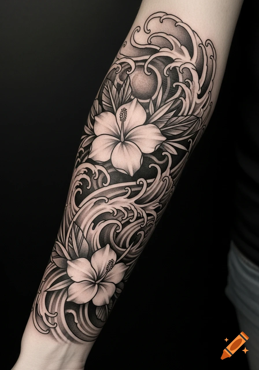 Detailed black and white tattoo on a forearm featuring hibiscus flowers and swirling waves.