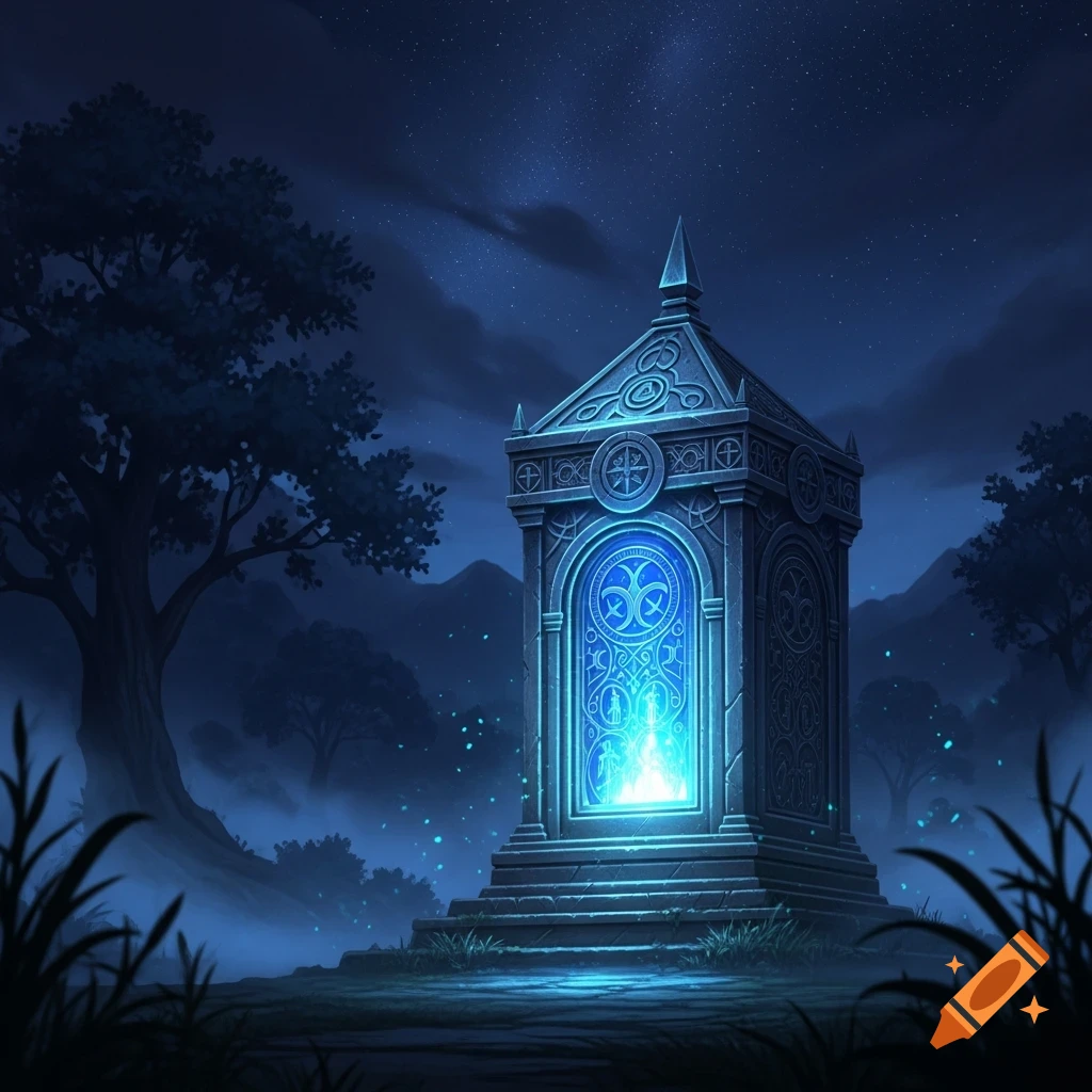 A mystical stone reliquary with glowing blue energy stands in a dark, foggy forest at night under a starry sky.