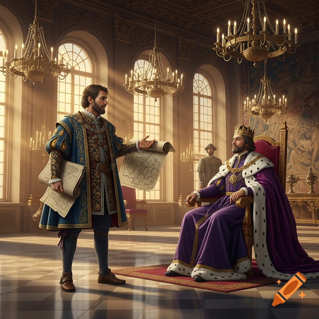 A photorealistic depiction of an explorer presenting rolled maps to a king seated on a throne in a grand hall.
