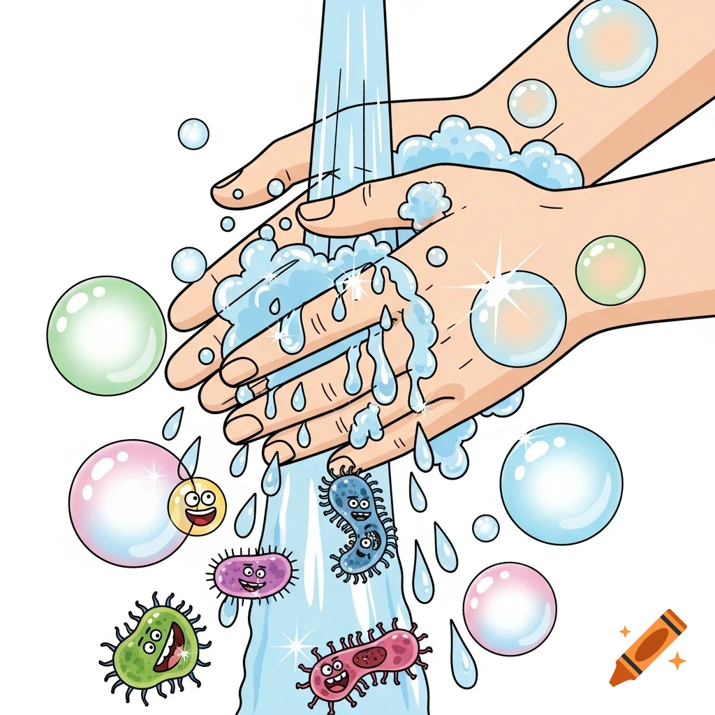 Cartoon illustration of hands washing under running water with soap bubbles, cleaning away various colorful happy cartoon microbes.