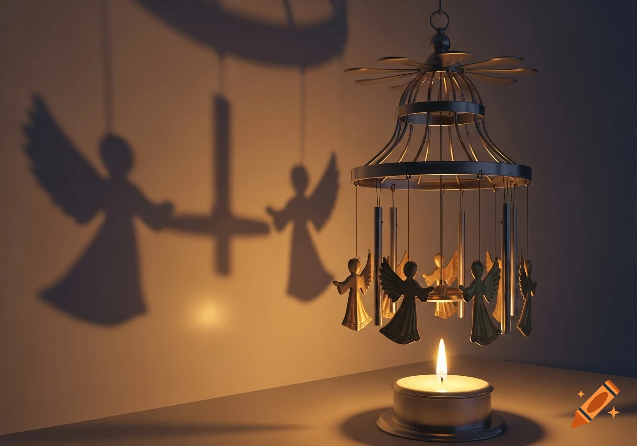 A lit candle below an angel chime, casting prominent shadows of winged angels on a warm-toned wall in a cozy setting.