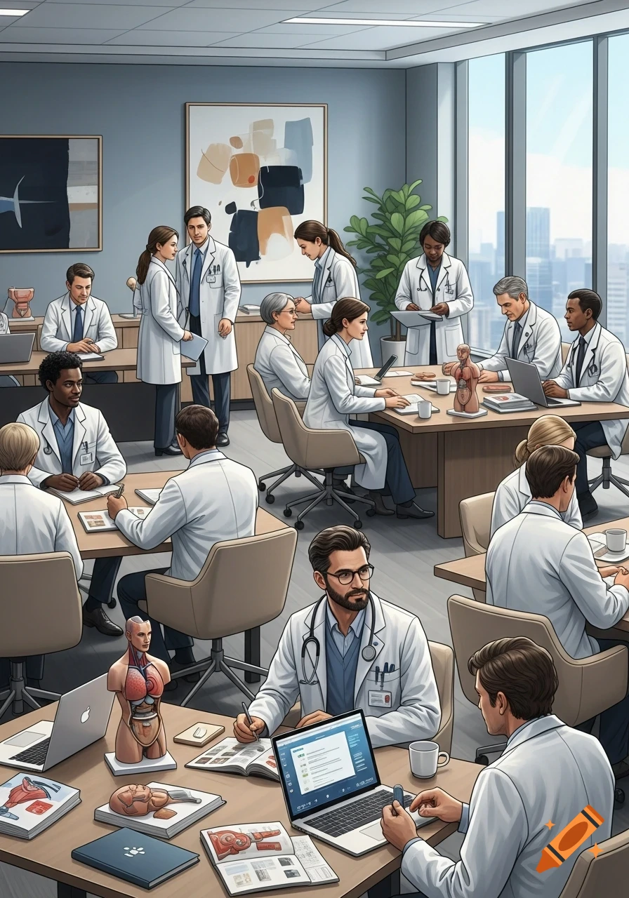 An animated illustration of many doctors in white lab coats and stethoscopes attending a meeting or lecture in a modern office, with laptops and anatomical models on tables.