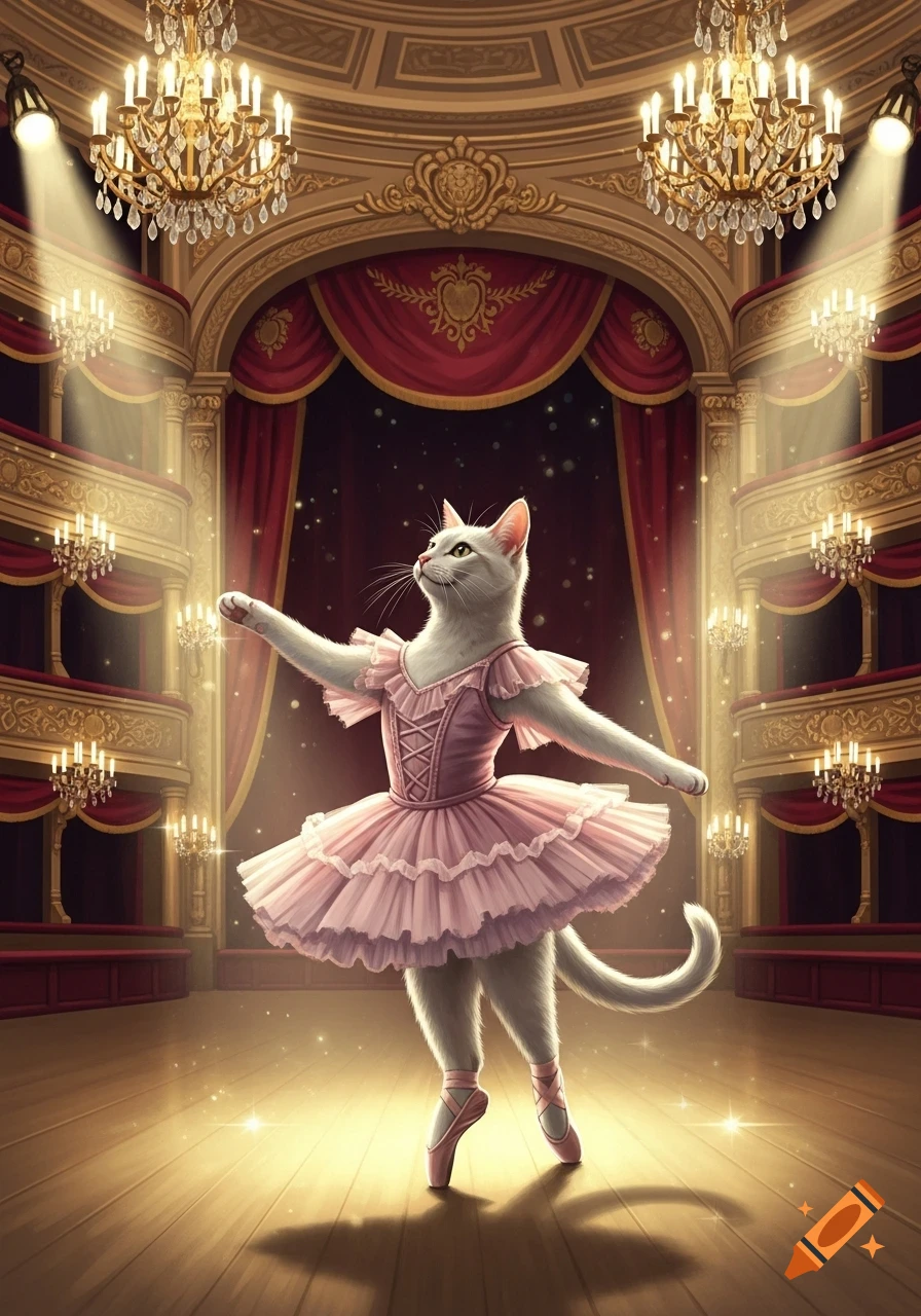 A white cat in a pink ballet tutu and pointe shoes dances on a spotlighted stage in an ornate theater.