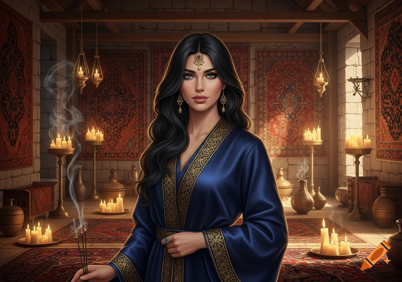 A woman with dark hair and blue eyes in a blue robe holds incense in an ornate, candlelit room with patterned rugs.