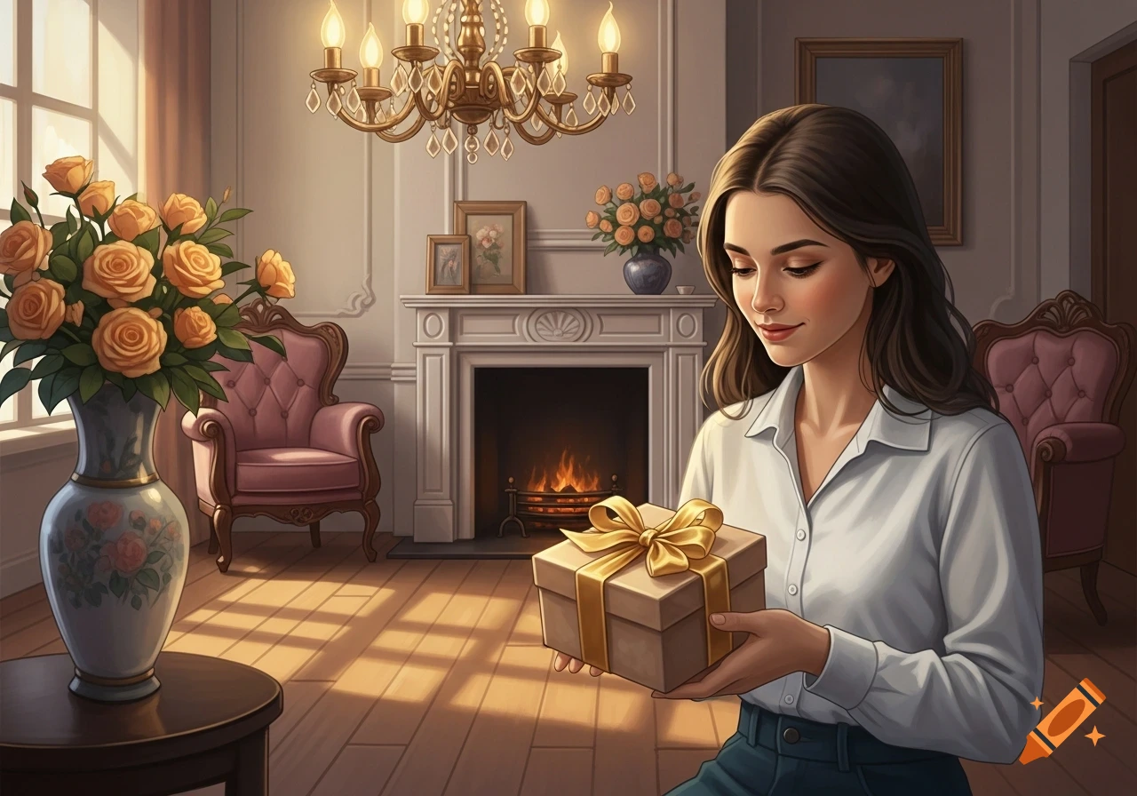 A woman in a white shirt holds a wrapped gift box in a fancy room with a fireplace, chandelier, and a vase of roses.
