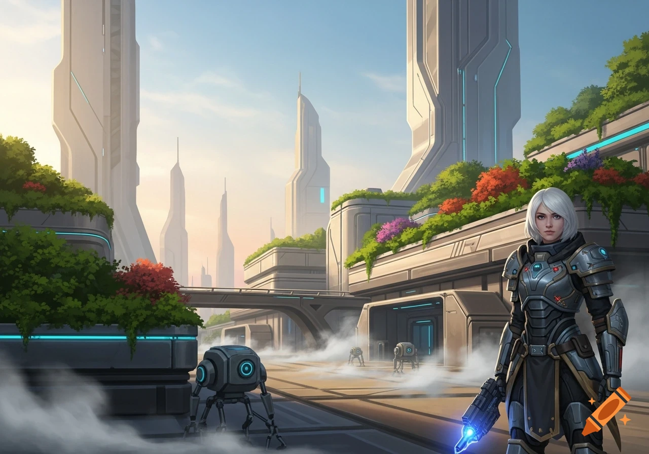 An anime-style woman in futuristic armor with a glowing gun stands in a sci-fi city with robots and tall buildings under a bright sky.