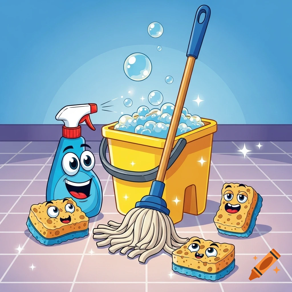 A cartoon spray bottle, mop bucket with suds and mop, and three smiling sponges on a tiled floor.