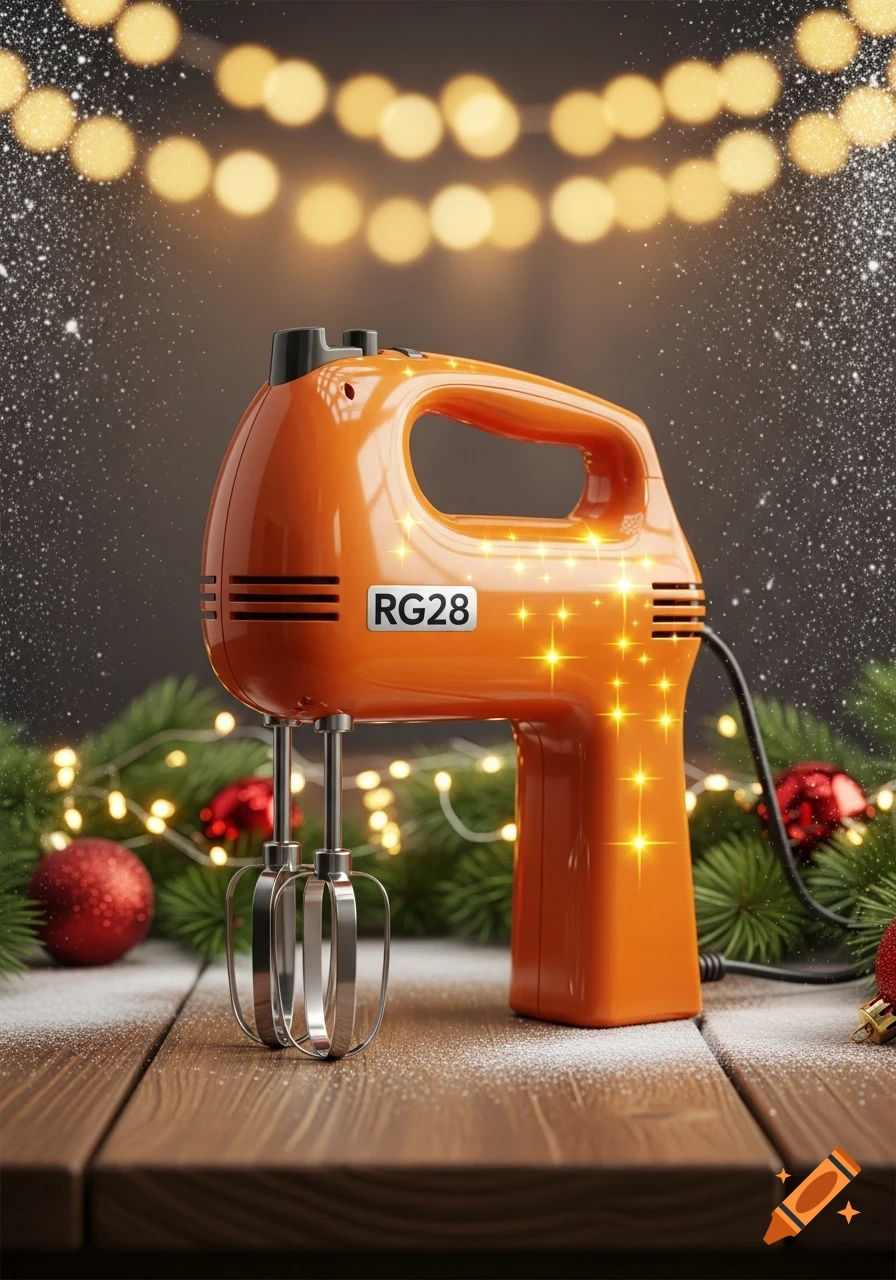 An orange hand mixer with silver beaters on a wooden table, surrounded by Christmas decorations and falling snow, under warm bokeh lights.