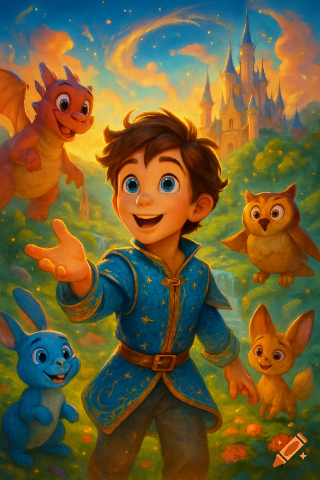 A whimsical cartoon boy in a blue starry tunic surrounded by animated animals and a castle under a vibrant sky.