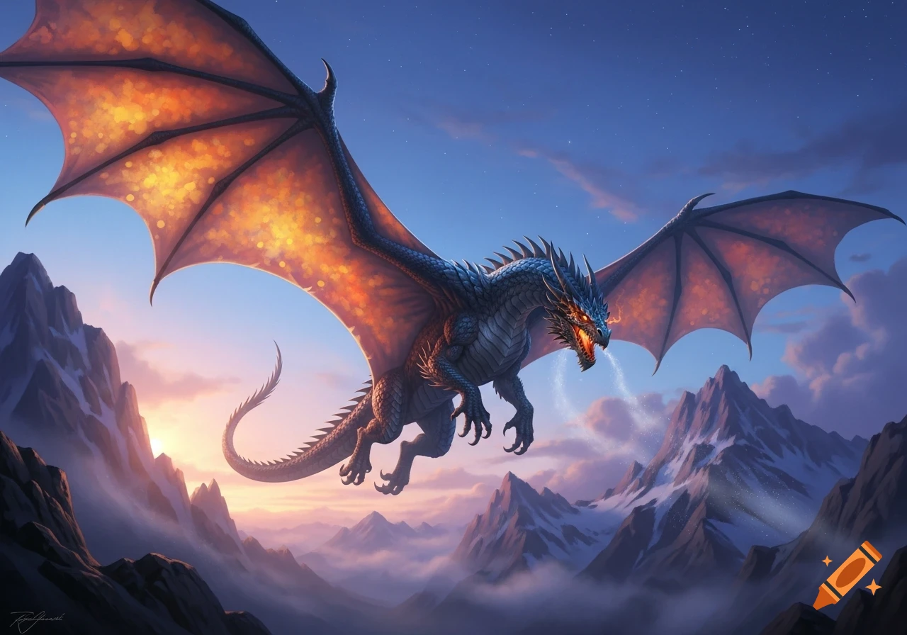 A majestic blue dragon with fiery orange wings flies over misty, snow ...