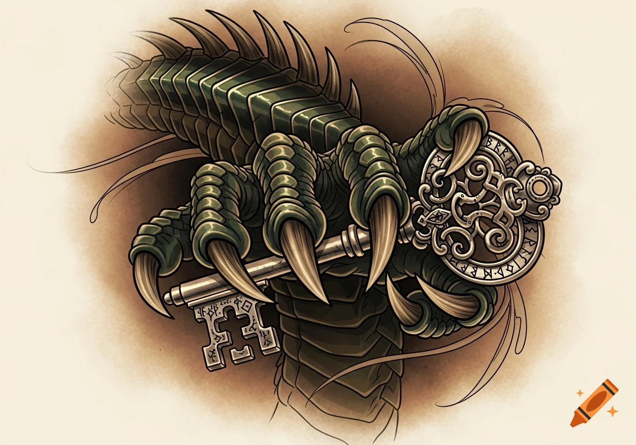 A detailed illustration in tattoo art style depicts a green dragon's claw holding two ornate keys.