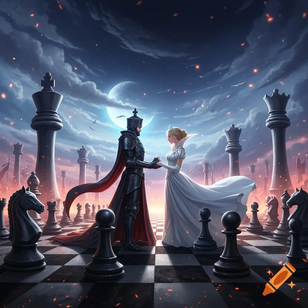 A fantasy scene depicting a knight and queen holding hands on a vast chessboard under a dramatic moonlit sky, surrounded by chess pieces.
