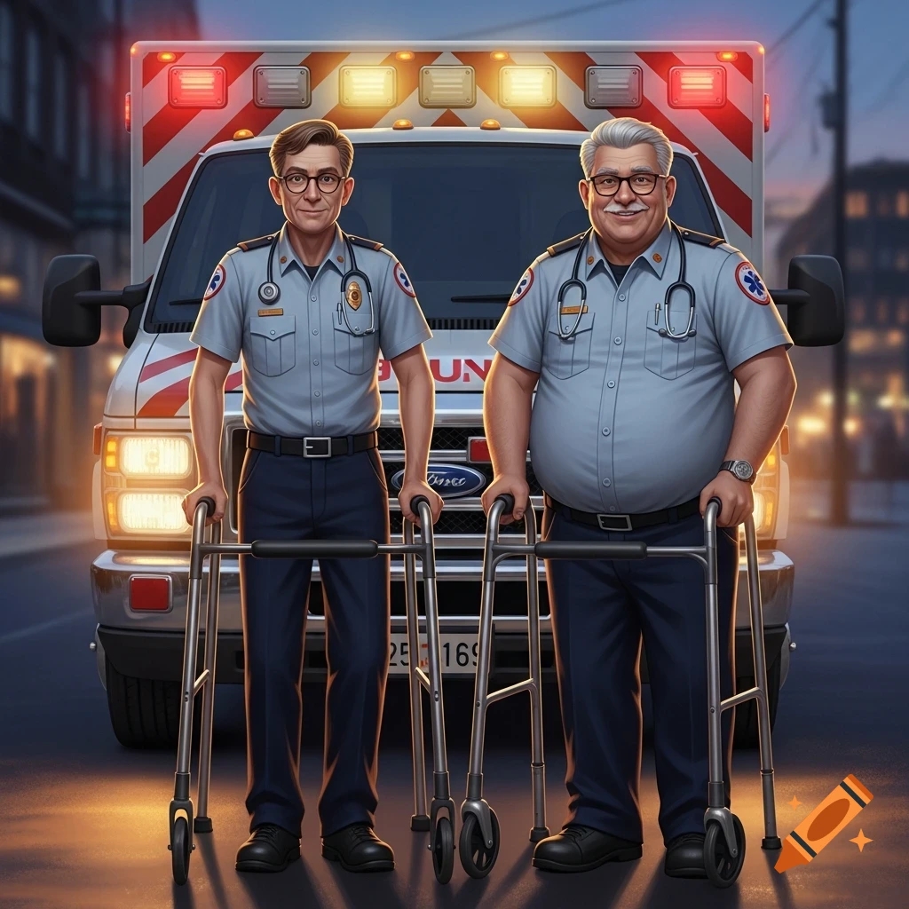 Two older male paramedics with walkers stand in front of an ambulance on a street at dusk, cartoon style.