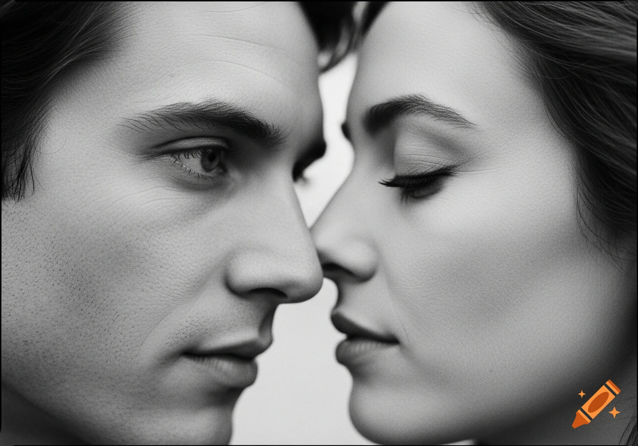 Close-up, black and white photorealistic portrait of a couple on the verge of kissing, noses touching, man's eye open, woman's eyes closed, with film grain.