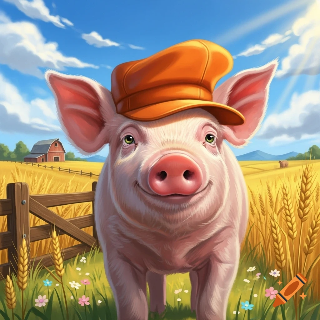 A smiling pink pig wearing an orange sideways cap stands in a golden wheat field with a red barn in the background under a blue sky.