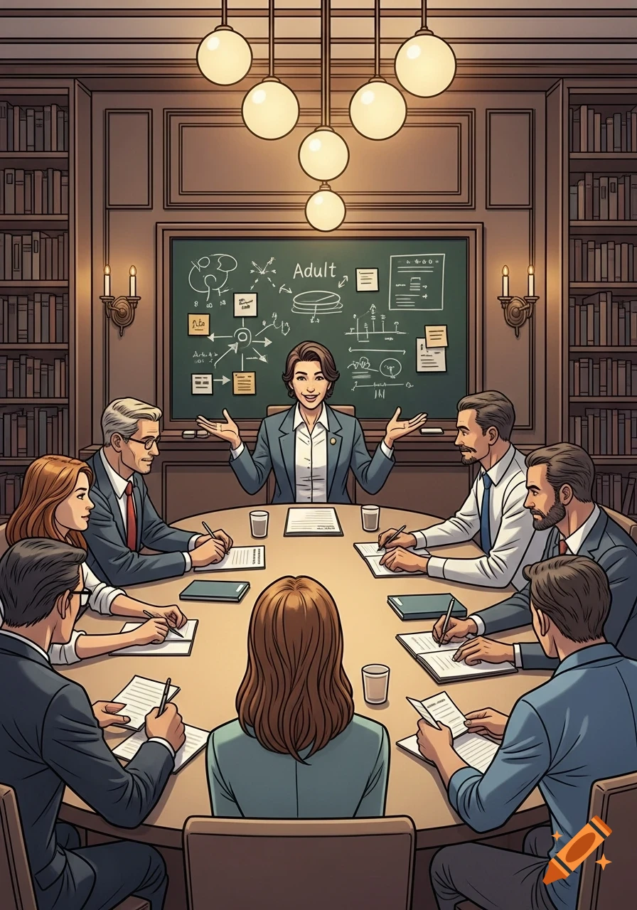 Comic illustration of adults in a meeting with a woman presenting at a round table, a blackboard with 'Adult' in the background.
