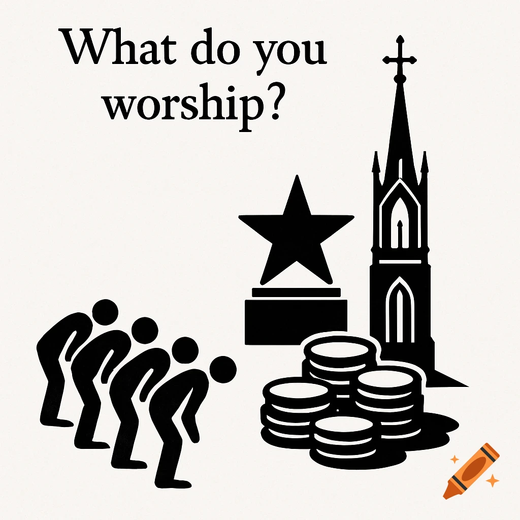 Black and white graphic of stick figures bowing towards a star trophy, a church, and stacks of coins, with the question 'What do you worship?' above them.
