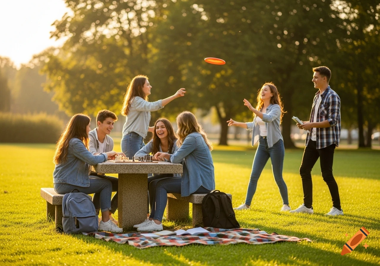 Photorealistic image of teenagers playing frisbee and chess at a picnic table in a sunny park with green grass.