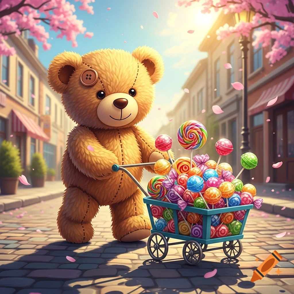 A cute fluffy brown teddy bear pushes a blue trolley overflowing with colorful lollipops down a cobblestone street lined with cherry blossom trees.