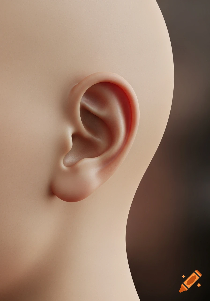 A detailed, clean side view of a human ear and part of a head with a neutral background, rendered in a realistic style.