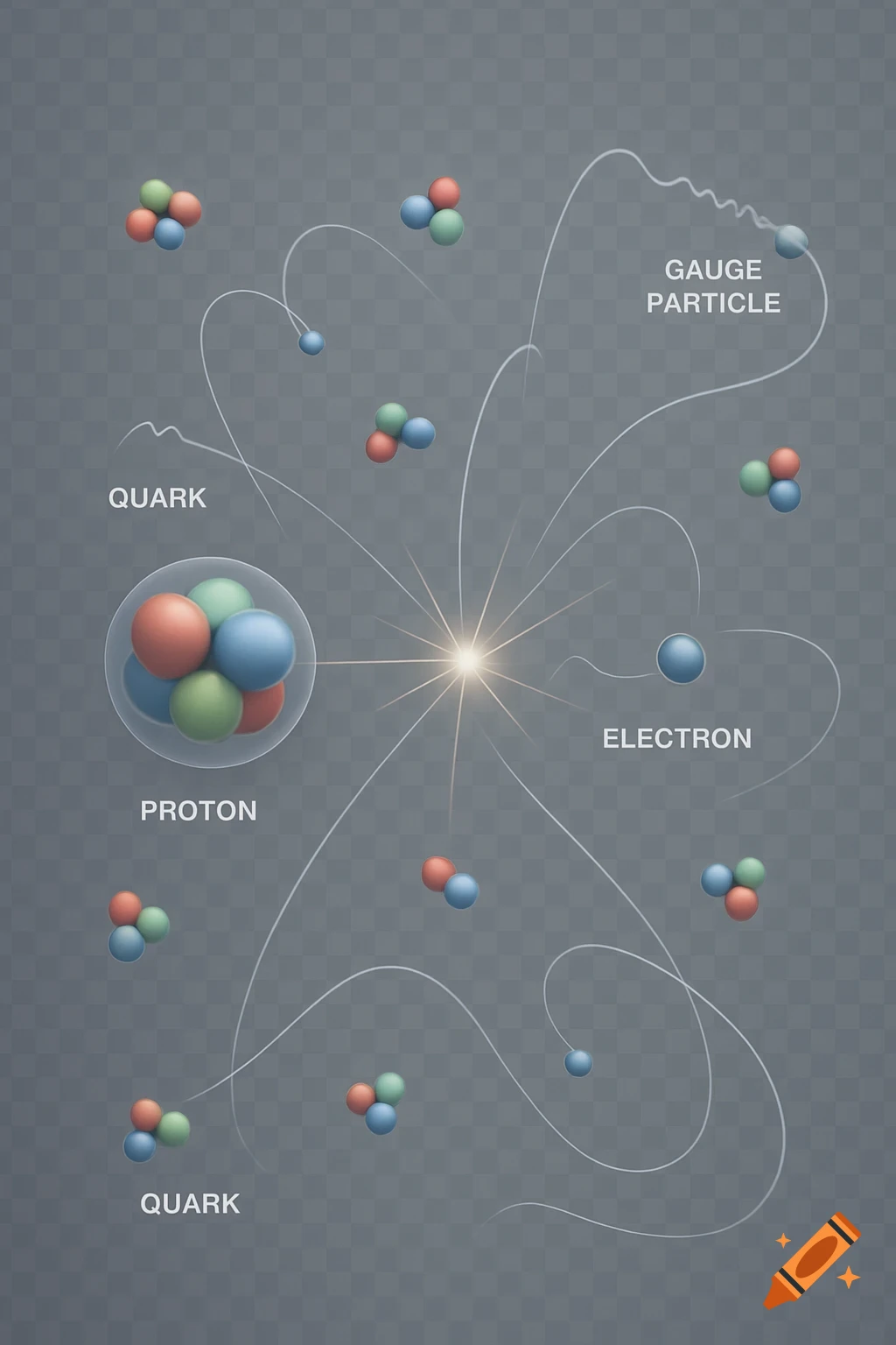 A scientific illustration of subatomic particles, including quarks, protons, electrons, and gauge particles, interacting in space with light flashes, on a transparent background.