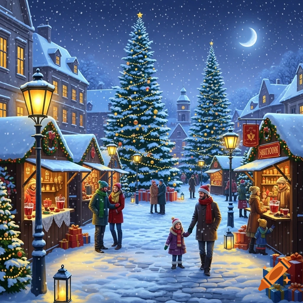 A snowy Christmas market at night, with people browsing festive stalls ...