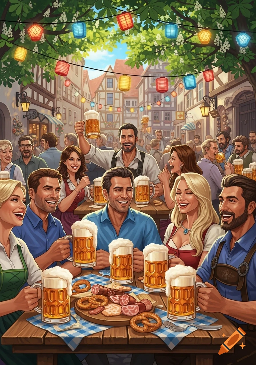 Lively illustration of people enjoying an outdoor Oktoberfest celebration with beer mugs, pretzels, and sausages under colorful lanterns.