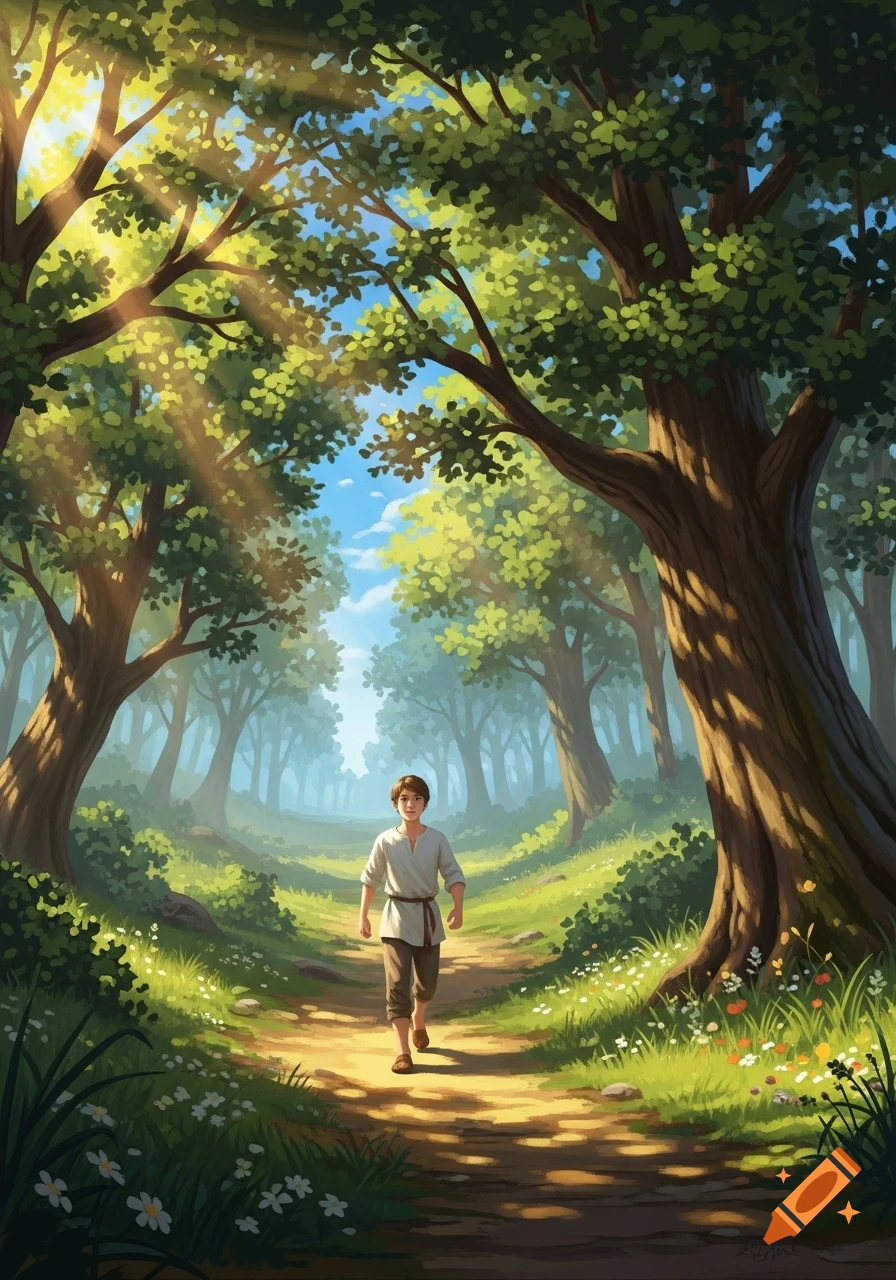 A young boy walks along a sun-dappled path through a vibrant, stylized forest, with rays of light streaming through the green canopy.