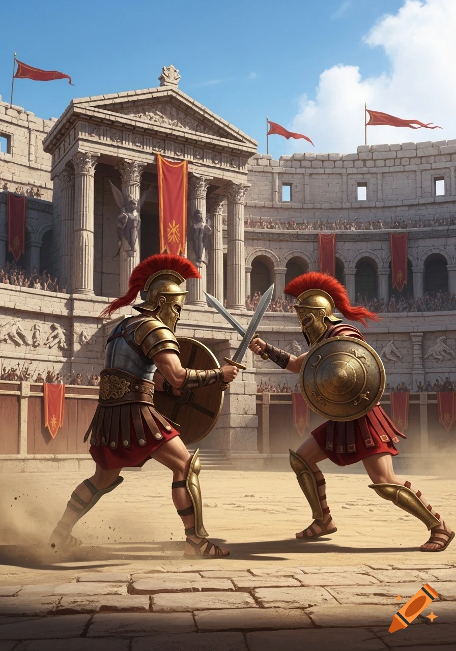 Two gladiators in ornate armor fight with swords and shields in a bustling ancient Roman colosseum.