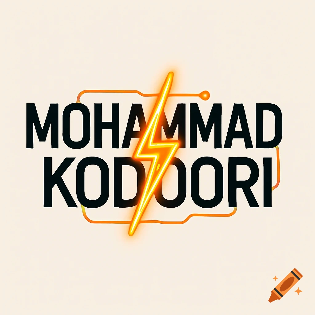 A black logotype for "MOHAMMAD KODOORI" with a glowing orange lightning bolt and linear wiring on a light background.