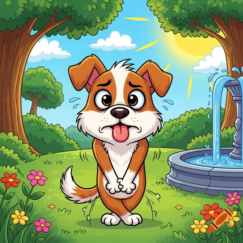 A worried cartoon dog with crossed legs and tongue out stands in a park with a fountain, trees, and flowers, needing to pee.