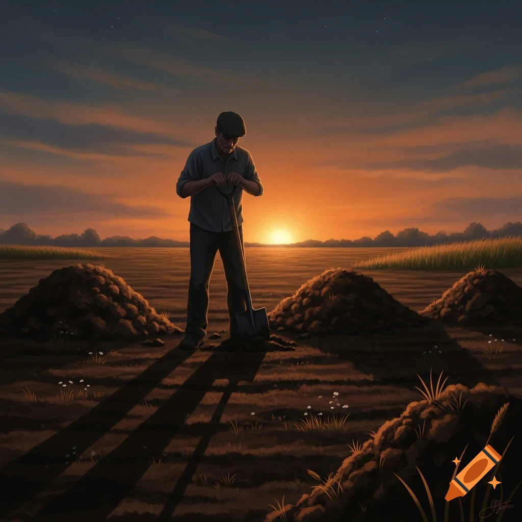 A man with a shovel stands in a plowed field with several dirt mounds, illuminated by a vibrant sunset.