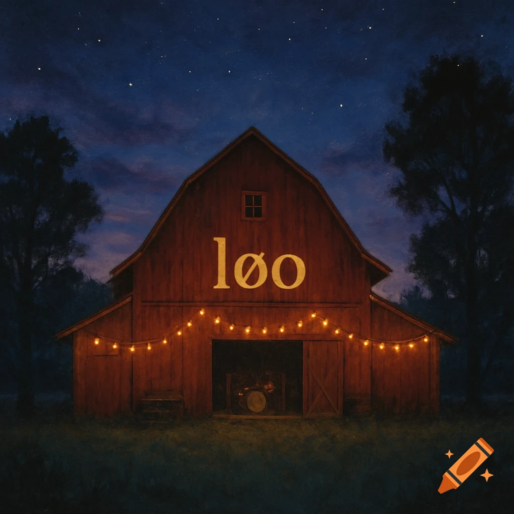 A red barn with 'løo' on its facade, illuminated by string lights, under a starry night sky.