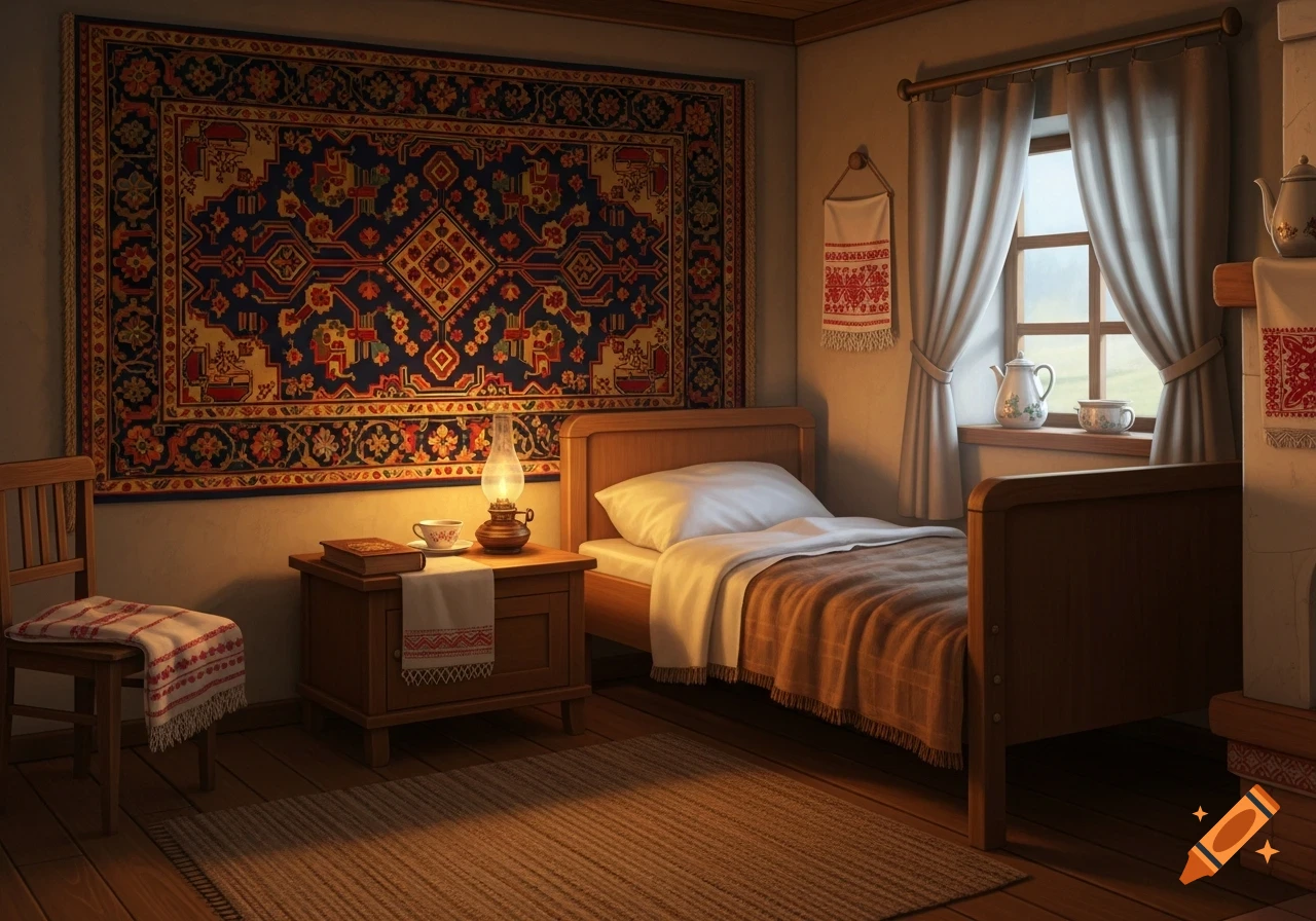A cozy traditional Russian bedroom with a large ornate rug on the wall, a wooden bed, and a lit oil lamp on a nightstand.