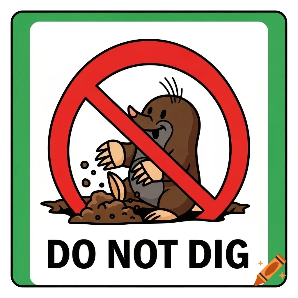 A cartoon prohibition sign features a mole digging dirt, with a red no symbol over it and the text "DO NOT DIG" below.