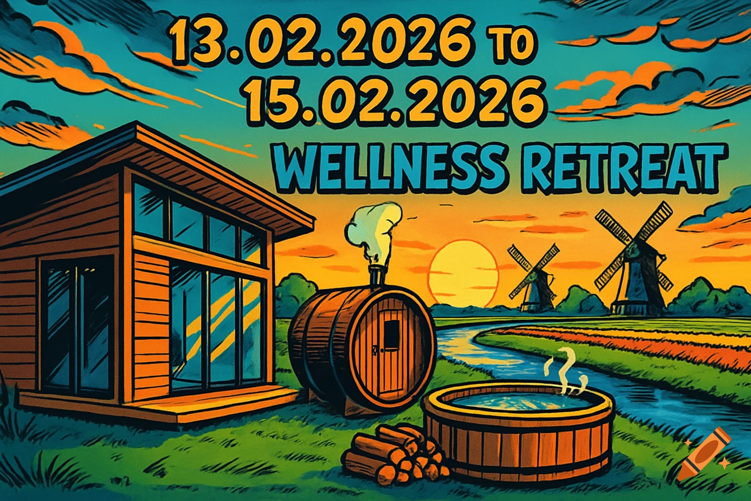 A vibrant comic art illustration of a wellness retreat with a modern wooden house, barrel sauna, hot tub, and windmills in a Dutch landscape under a colorful sky.