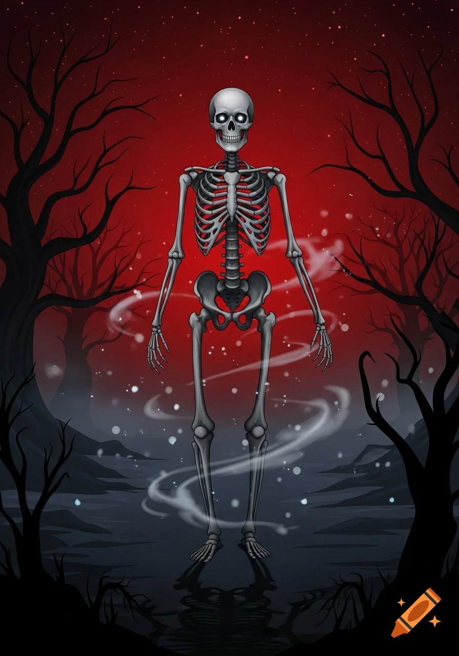 An illustration of a full skeleton with glowing eyes standing in a dark, gnarled forest under a red, starry sky, with mist around its feet.