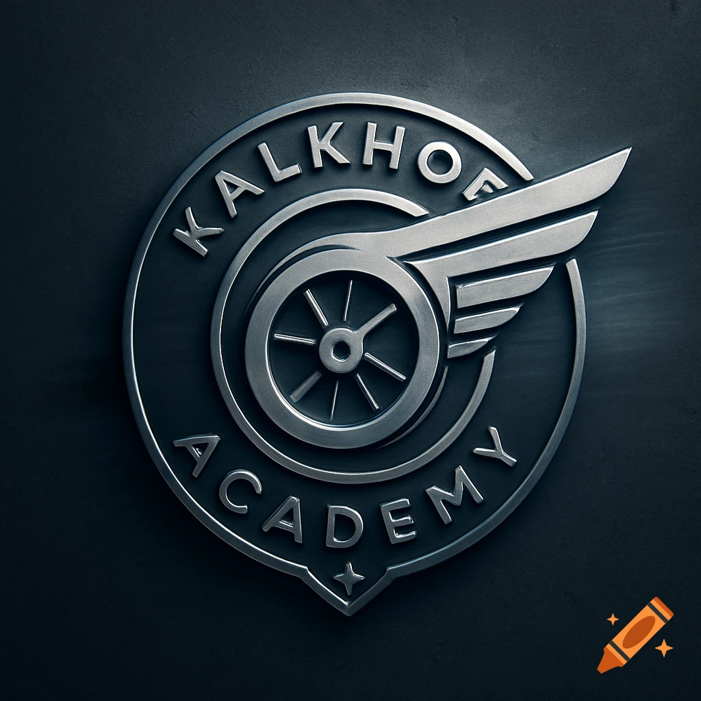 Metallic emblem for Kalkhoff Academy, featuring a winged wheel design on a dark background.