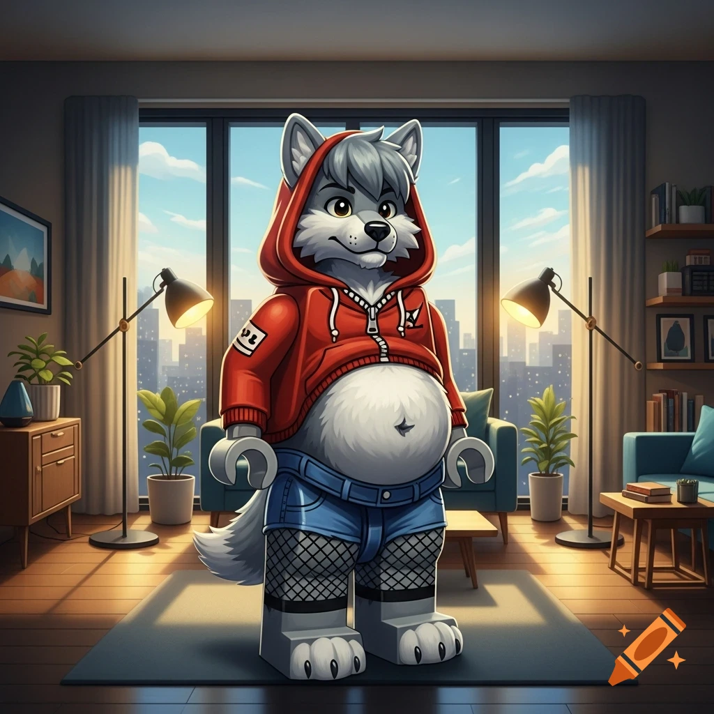 A stylized Lego minifigure of an anthropomorphic wolf with a big belly, wearing a red hoodie, denim shorts, and fishnet stockings, standing in a modern apartment.