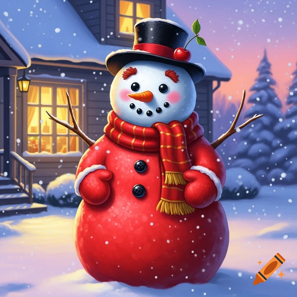 A cheerful snowman in a red coat, striped scarf, and top hat with a cherry, stands in front of a snowy house at dusk.
