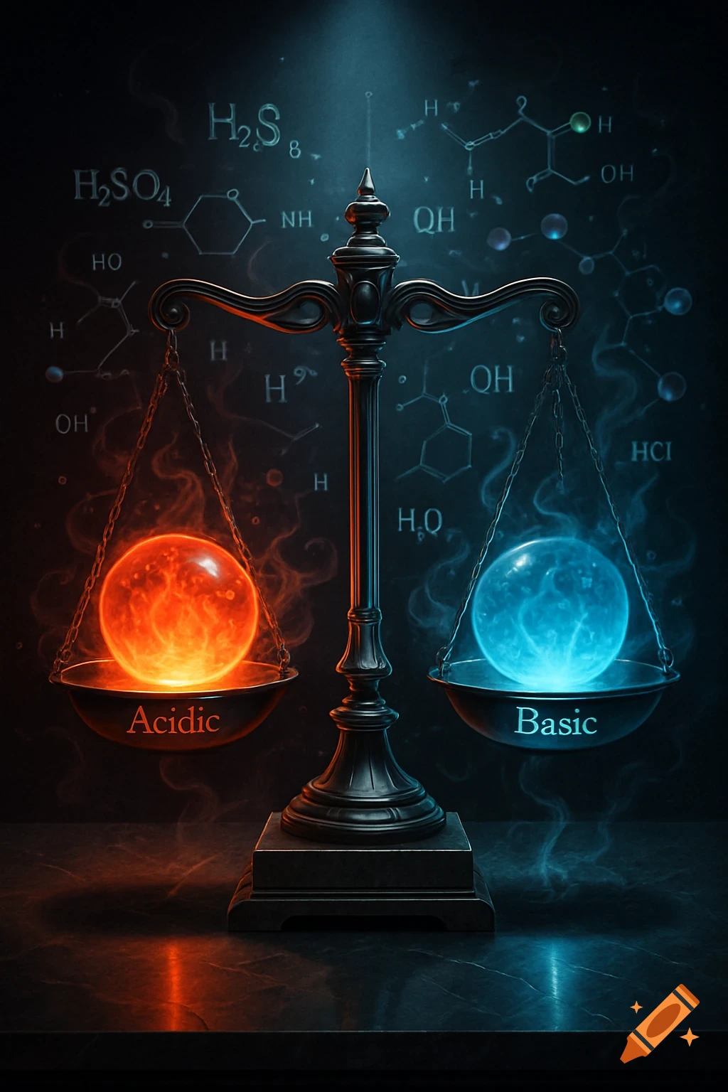 Ornate balance scale with a glowing orange 'Acidic' orb and a blue 'Basic' orb. Chemical formulas in a dark, glowing background.