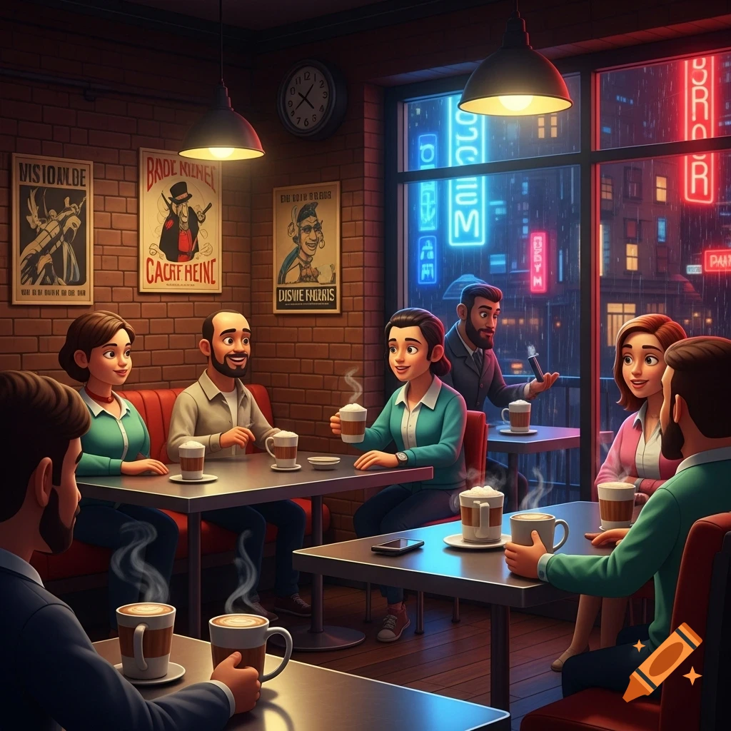People socialize and drink coffee in a cozy cartoon-style cafe with brick walls and glowing neon signs outside.