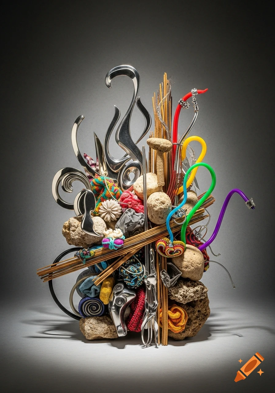 A detailed, brightly lit mixed media sculpture featuring twisted chrome forms, colorful plastic tubes, natural rocks, bundled wooden sticks, and woven textiles on a dark grey background.