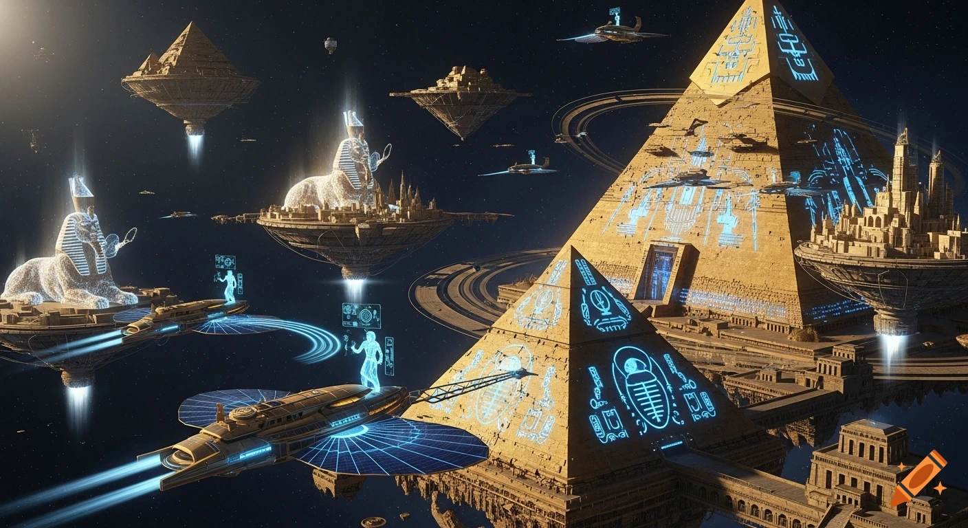 An epic futuristic Egyptian space empire with golden floating pyramids, glowing blue hieroglyphs, sphinx-shaped starships, and orbital cities in space.