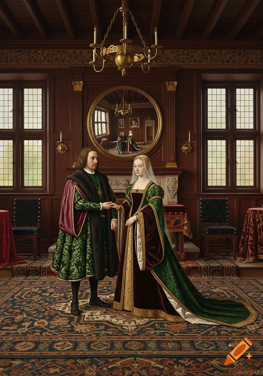 A man and woman in elaborate Renaissance-era clothing stand holding hands in a grand, richly decorated room, a mirror reflecting them. Painted.